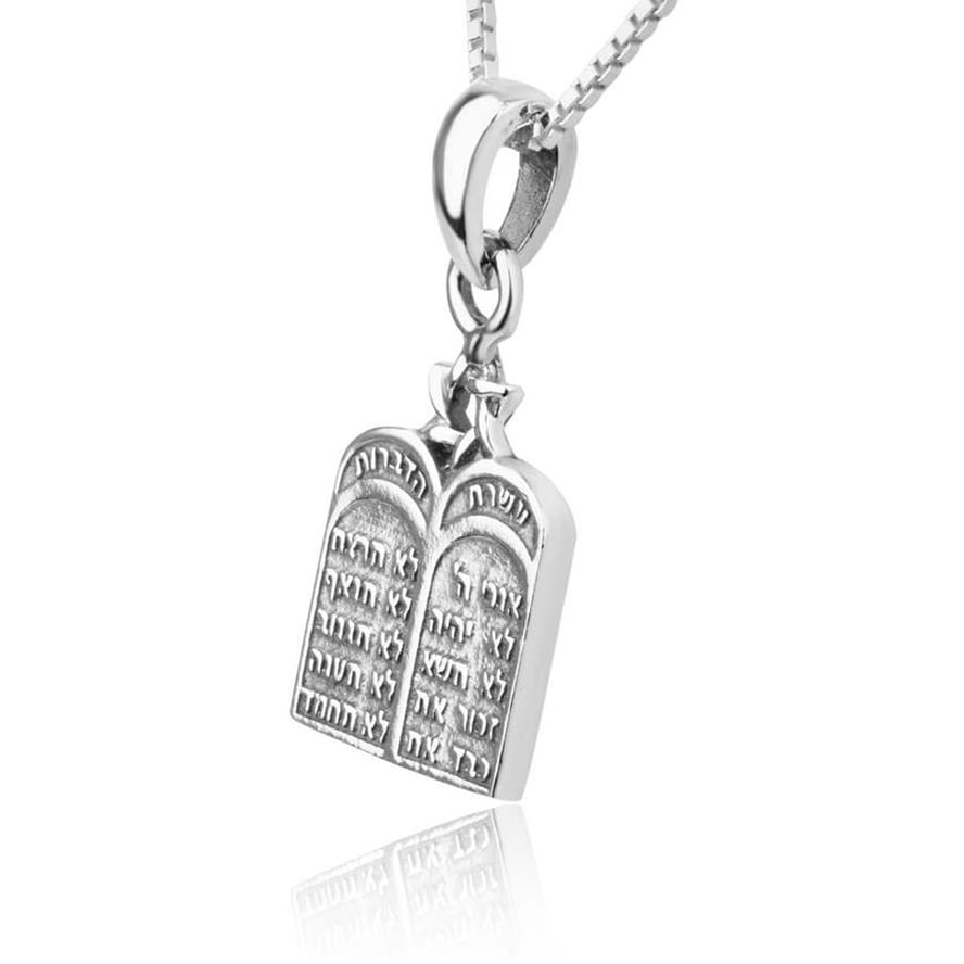 The Ten Commandments in Hebrew Pendant with Star of David – Sterling Silver (angle view)