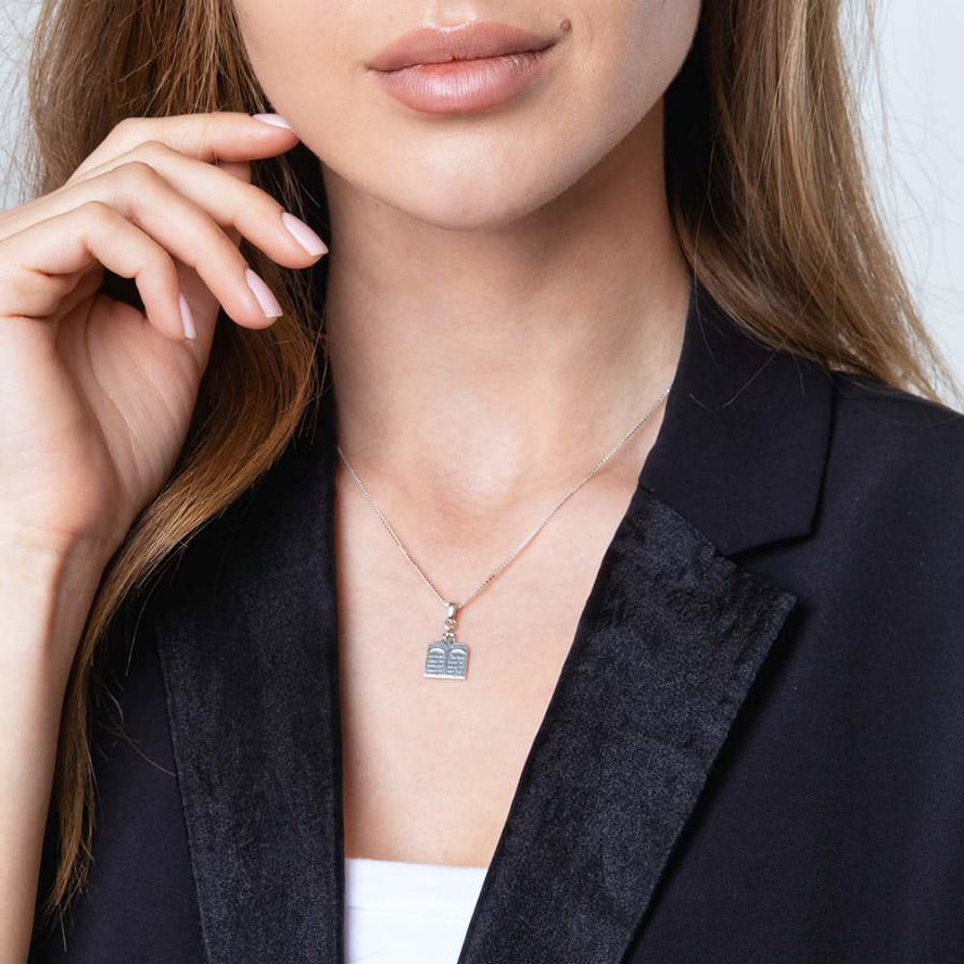 The Ten Commandments in Hebrew Pendant with Star of David – Sterling Silver (worn by model)