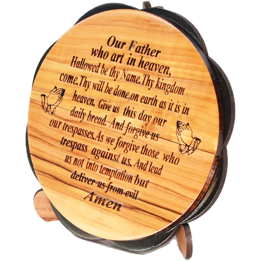 'The Lord's Prayer' Olive Wood Free Standing Ornament (angle view)