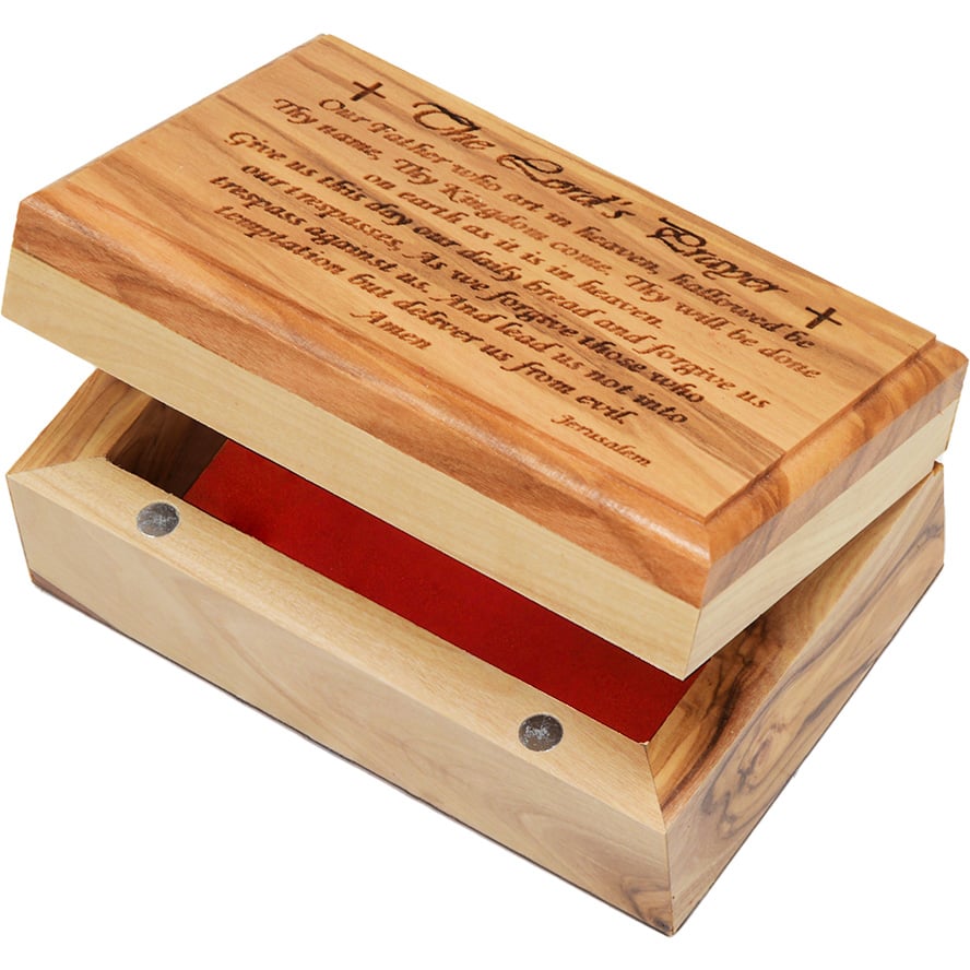 ‘The Lord’s Prayer’ Engraved Olive Wood Box – Made in Israel – 11cm (with the lid open)