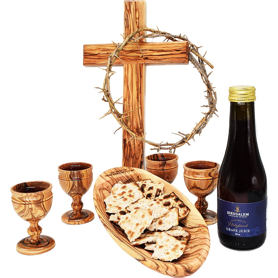 The LORD's Table Set - Olive Wood Dish, 4 Cup, Jerusalem Grape Juice
