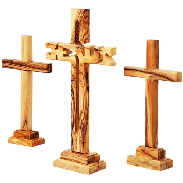 The Three Crosses on Calvary - 'Jesus Cross' Carved from Olive Wood (angle view)