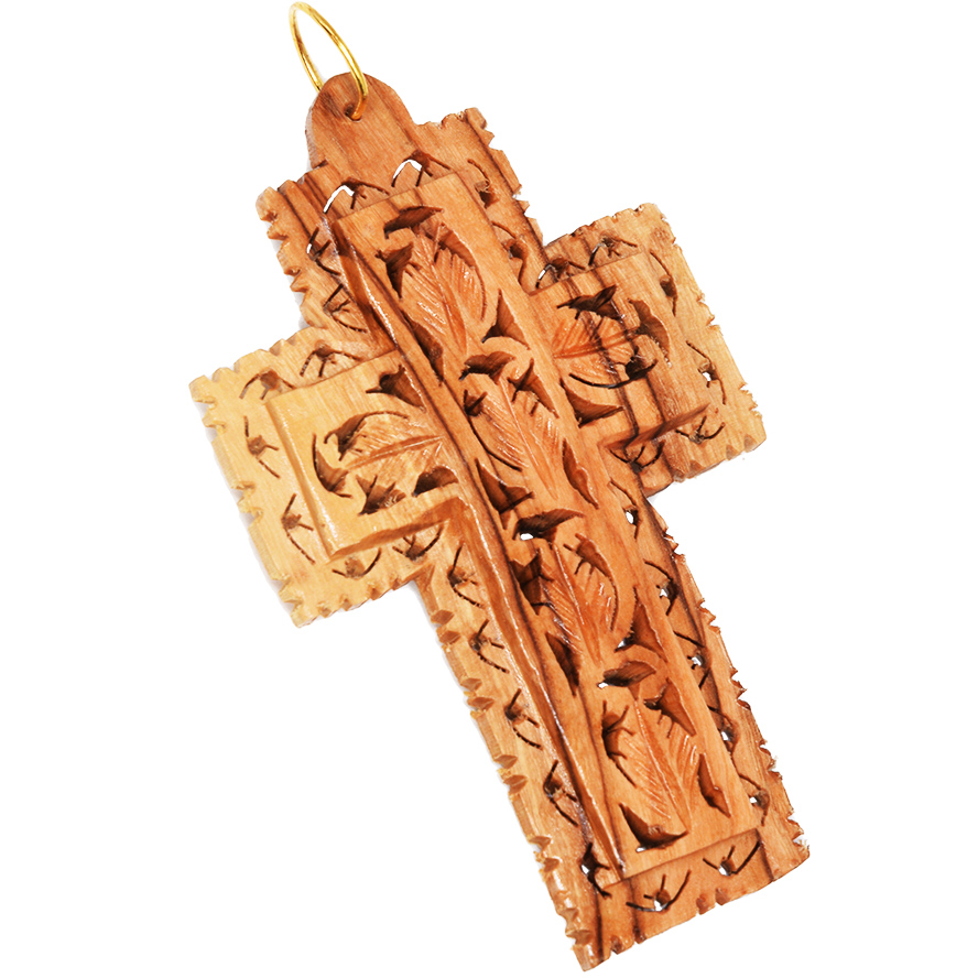 “The True Vine” Olive Wood Carved Wall Hanging Cross – 3.5″ (angle view)