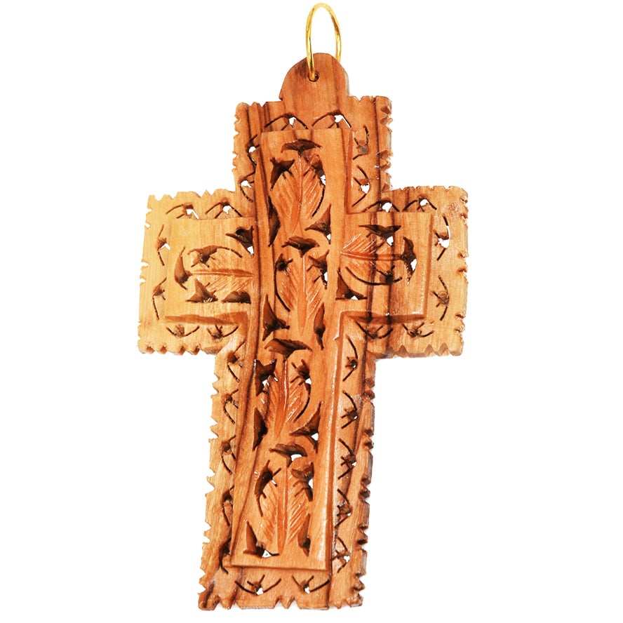 "The True Vine" Olive Wood Carved Wall Hanging Cross - 3.5"