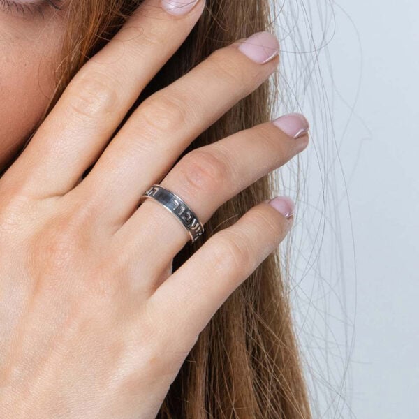 'This Too Shall Pass' in Hebrew & English - Sterling Silver Ring - Oxidized (worn by model)