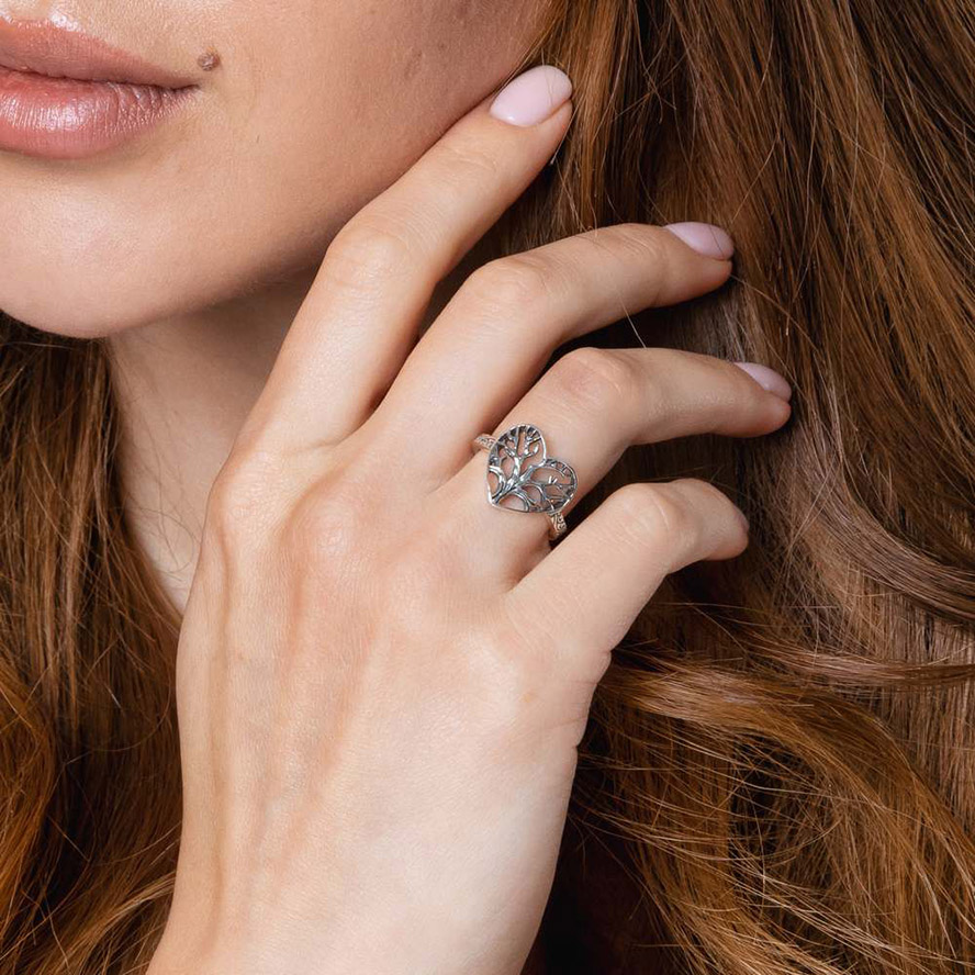 ‘Tree of Life’ Heart Shaped Sterling Silver Ring – Made in Israel (worn by model)