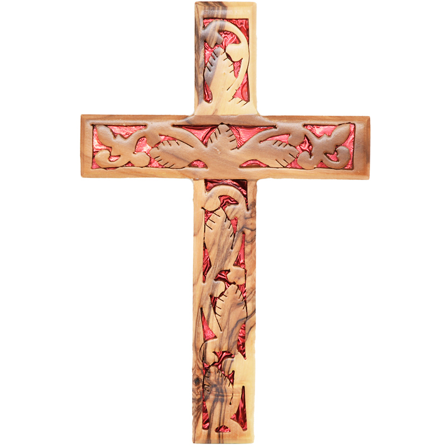 ‘The True Vine’ Olive Wood ‘Blood of Christ’ Wall Hanging Cross – 6″ (front view)