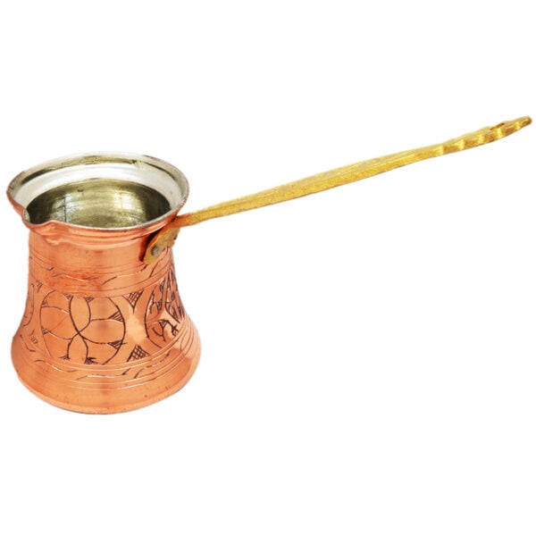 Turkish Coffee Pot - Decorated Etched Copper Finish - Brass Handle
