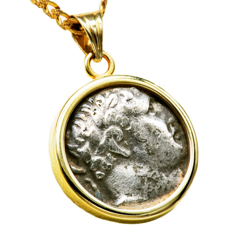 ‘1/2 Shekel of Tyre’ New Testament Temple Tax Coin in 14k Gold Pendant (side view)