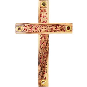 Wooden Wall Cross "The True Vine" Carving - Made in Bethlehem - 9" (front view)