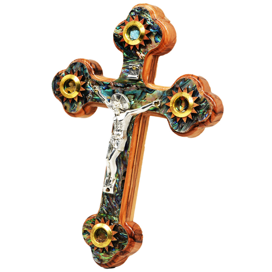 Cross with Crucifix, Olive Wood Mother of Pearl, 3 Incense & Holy Soil 7″