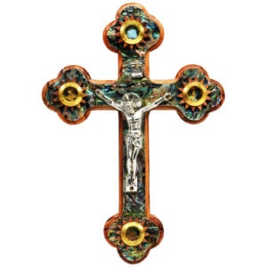 Cross with Crucifix, Olive Wood Mother of Pearl, 3 Incense & Holy Soil 7" (standing)