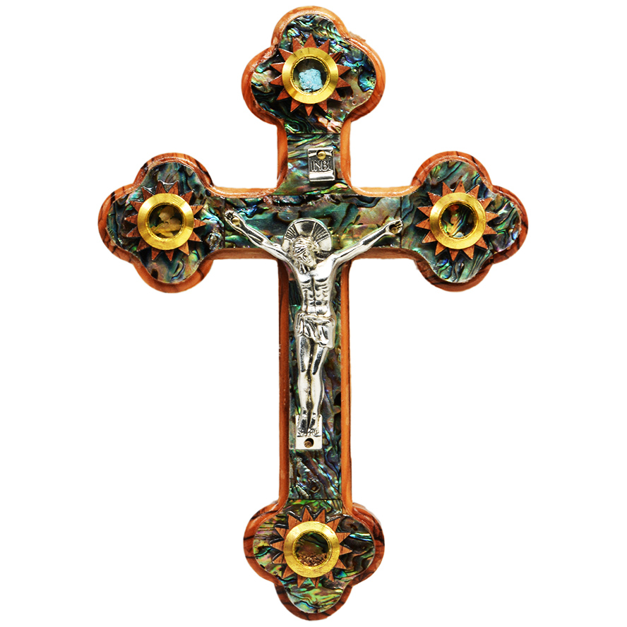 Cross with Crucifix, Olive Wood Mother of Pearl, 3 Incense & Holy Soil 7″ (standing)