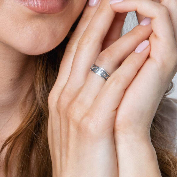 Wavy Design 'Ani LeDodi / My Beloved'  925 Silver Scripture Ring in Heb/Eng (worn by model)
