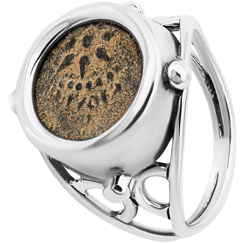 Widow's Mite Coin Mounted on Decorated Sterling Silver Ring - Made in Israel