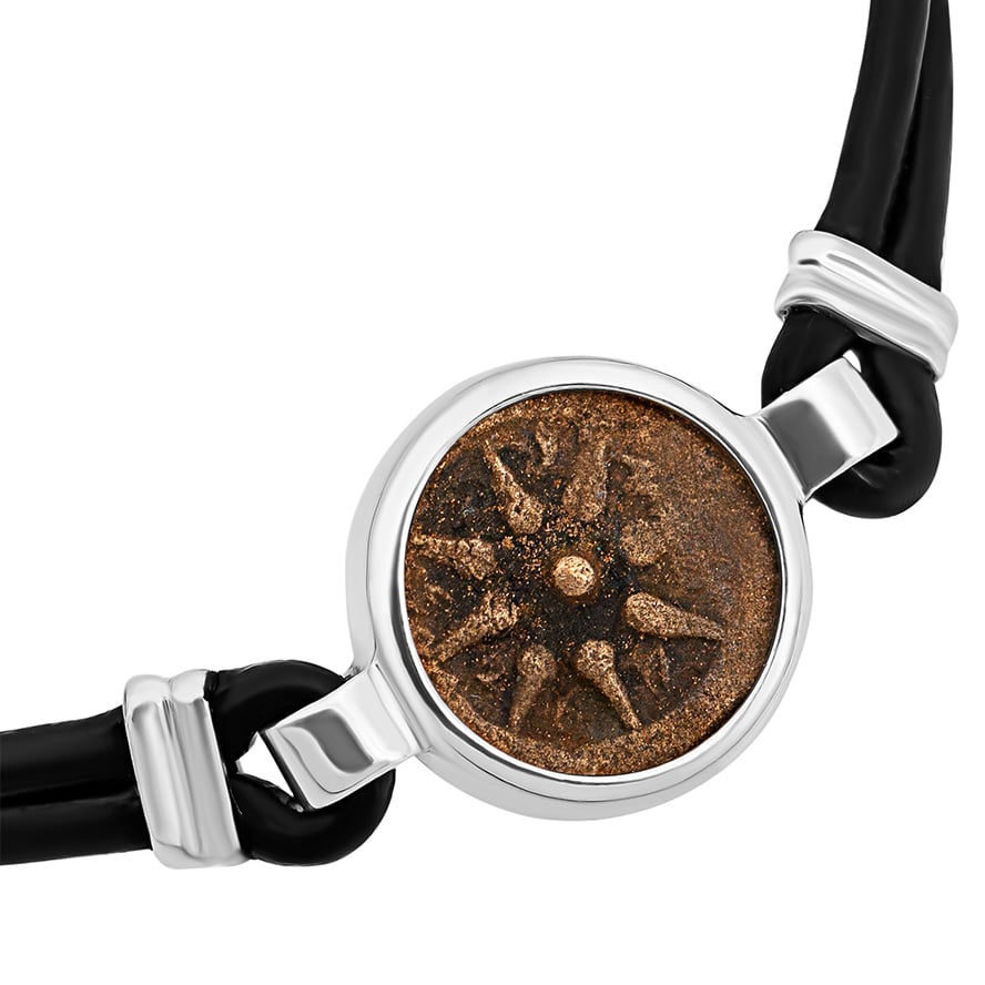 Biblical Widow’s Mite Coin Bracelet – Leather and Sterling Silver – Made in Israel (detail)
