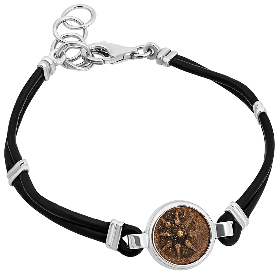 Biblical Widow’s Mite Coin Bracelet – Leather and Sterling Silver – Made in Israel
