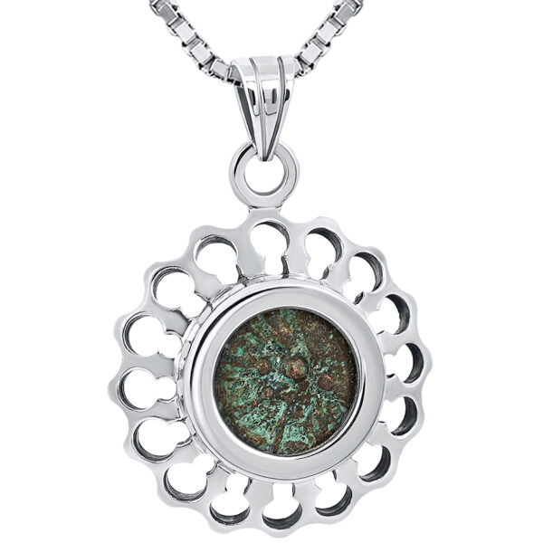 Widow's Mite Coin from Jesus in Flower Design Silver Pendant