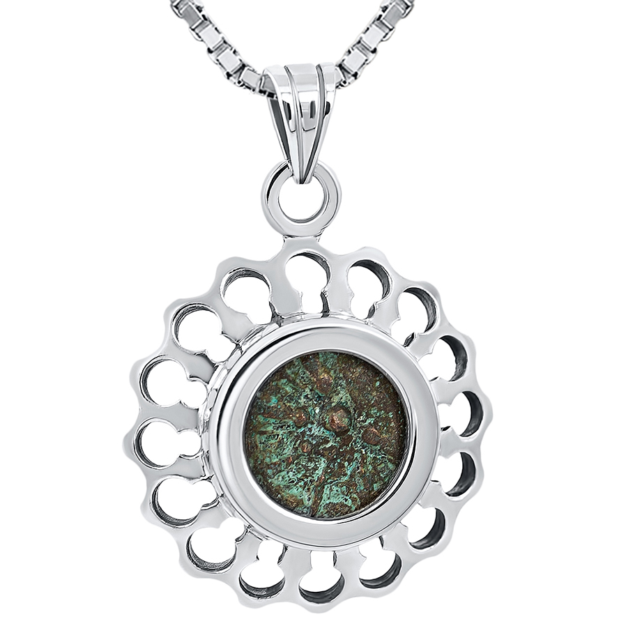 Widow’s Mite Coin from Jesus in Flower Design Silver Pendant
