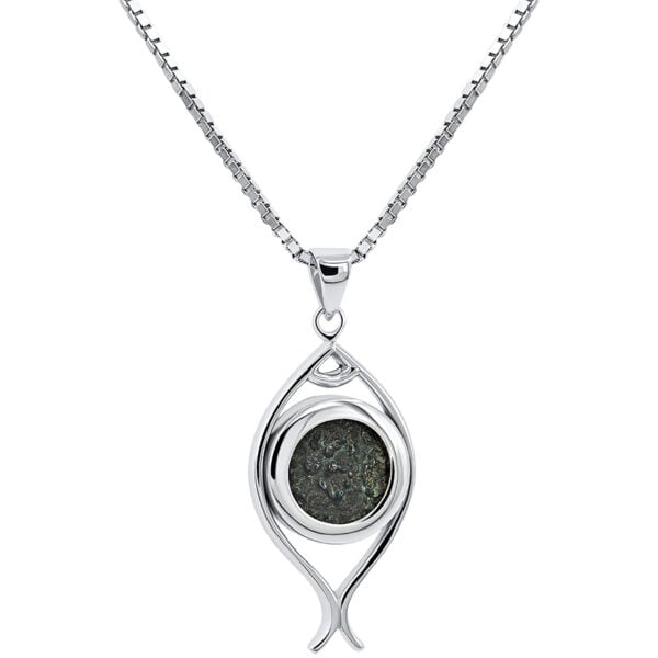 Jesus Period 'Widows Mite' coin set in a 925 Silver Fish Pendant (with chain)