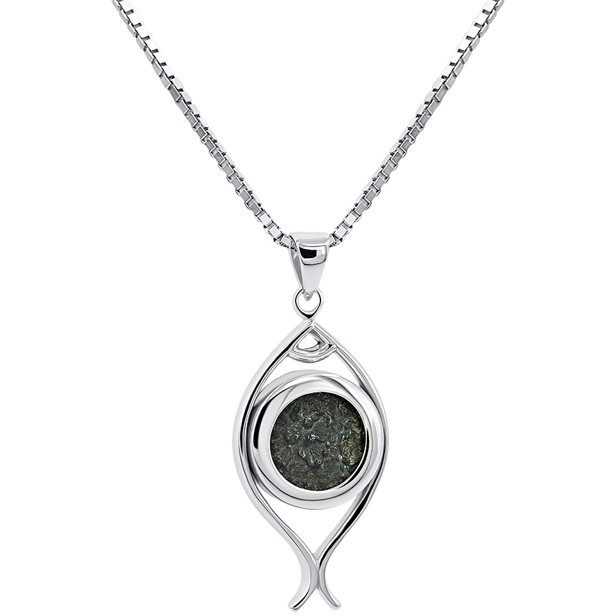 Jesus Period ‘Widows Mite’ coin set in a 925 Silver Fish Pendant (with chain)