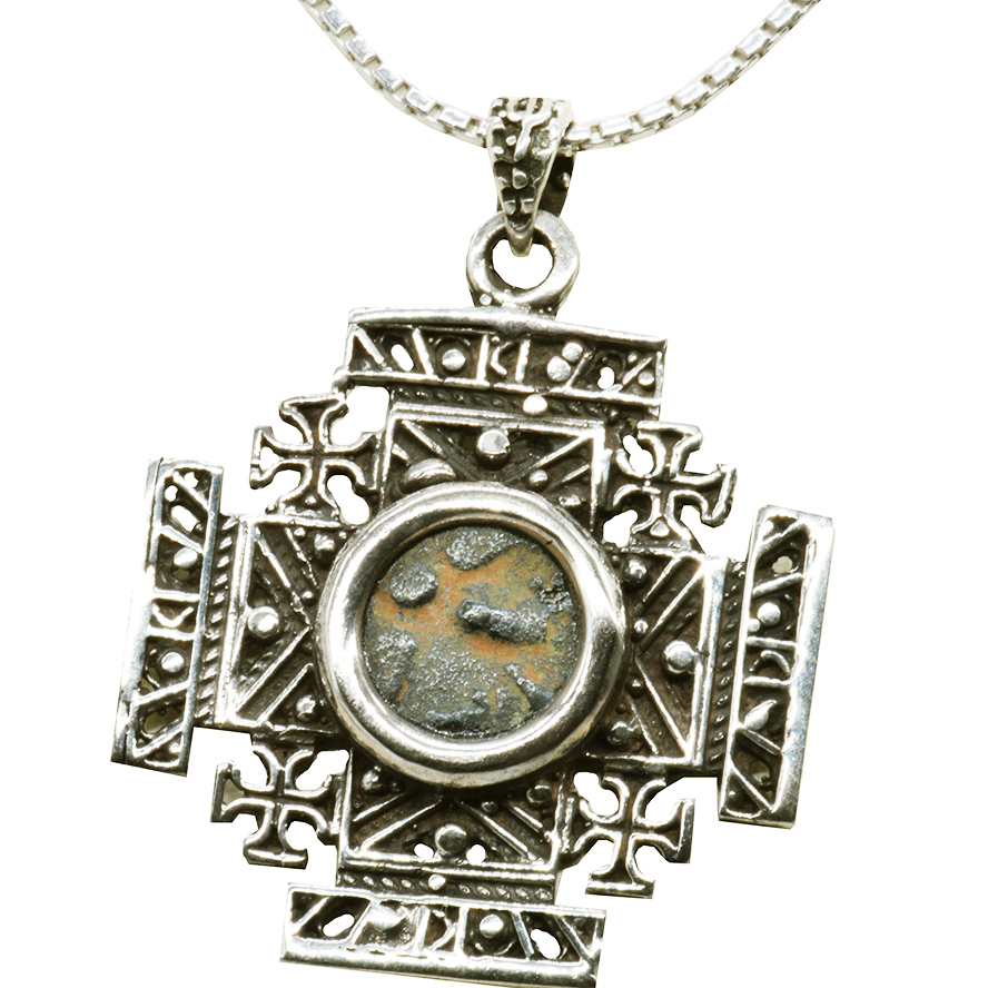 Widow’s Mite Coin set in a ‘Jerusalem Cross’ Sterling Silver Pendant