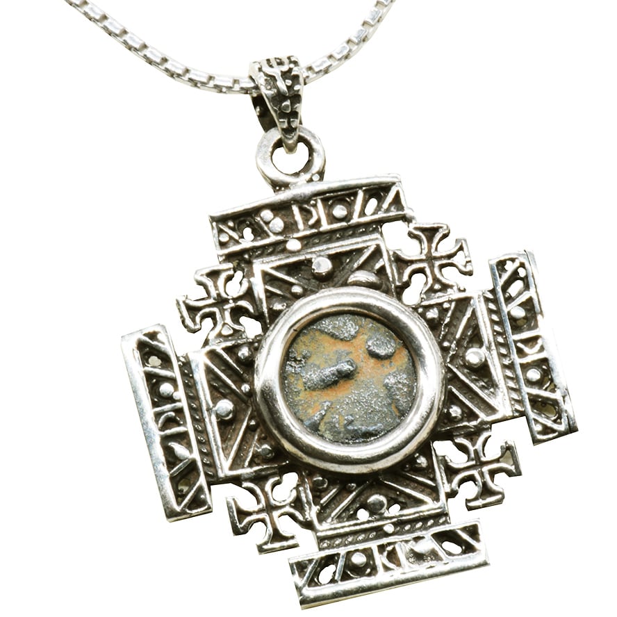 Widow’s Mite Coin set in a ‘Jerusalem Cross’ Sterling Silver Pendant