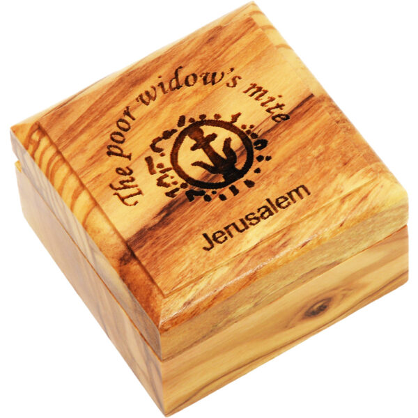 Engraved olive wood box of the Widow's Mite coin