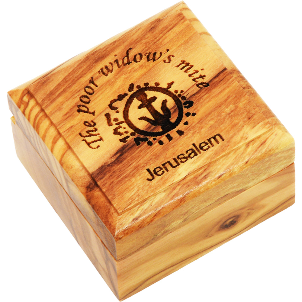 Engraved olive wood box of the Widow’s Mite coin