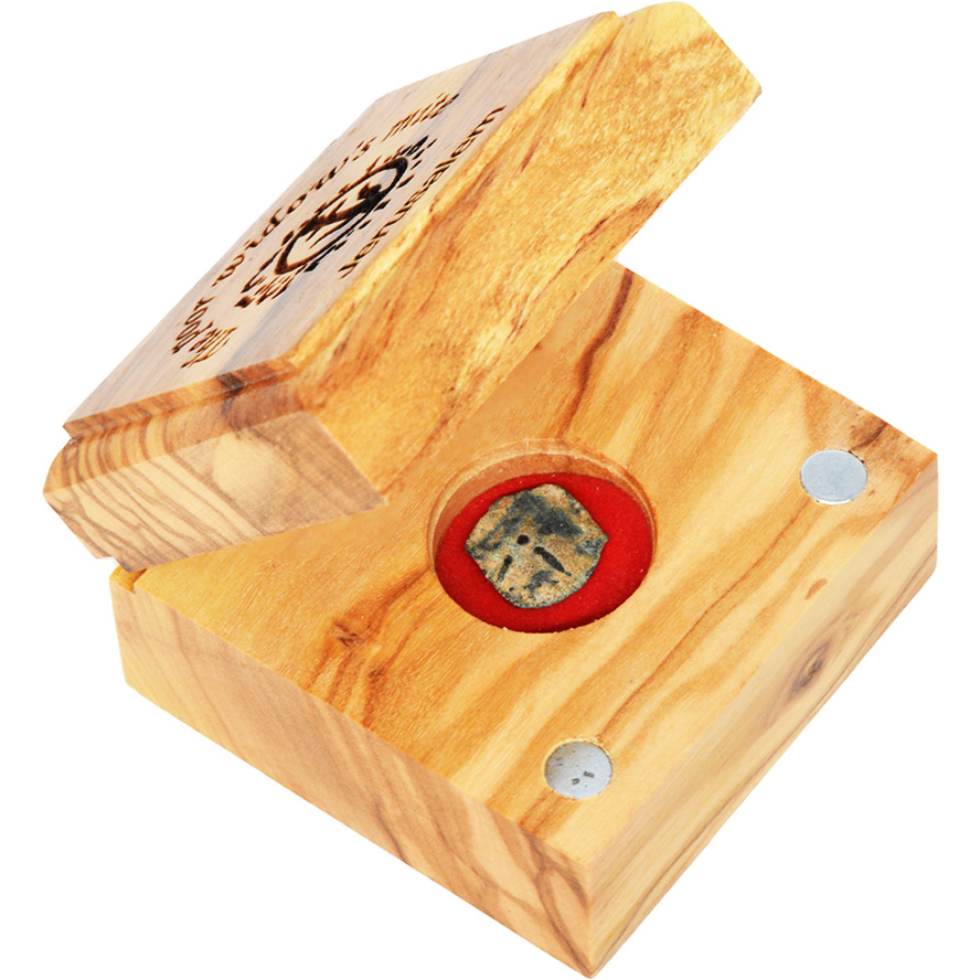 Widow’s Mite Coin from Jesus Time in an Engraved Olive Wood Box – open