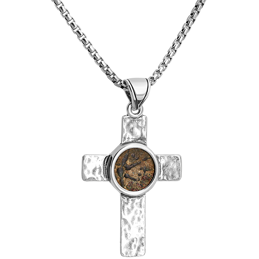 Rugged Cross with an Authentic Biblical ‘Widow’s Mite’ Coin Silver Pendant (with Chain)
