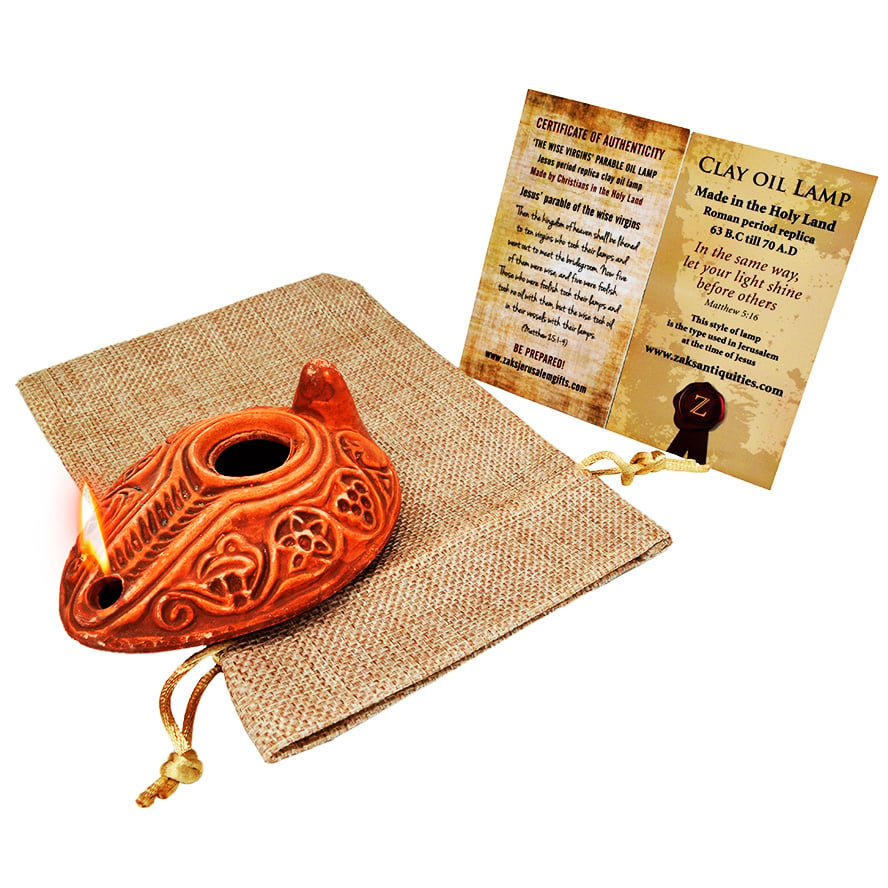 Wise Virgins Clay Oil Lamp – Early Christian Replica in Sackcloth Bag