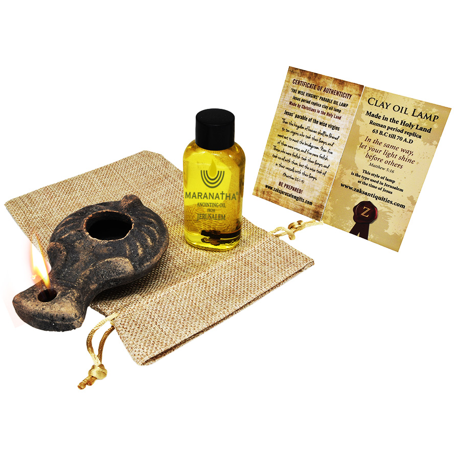 Wise Virgins Clay Oil Lamp – Biblical Antiquity Replica – Galilee Oil on sackcloth bag