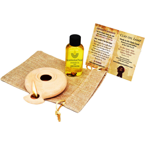 Wise Virgins Clay Oil Lamp - Second Temple Replica - Galilee Oil with a sackcloth bag
