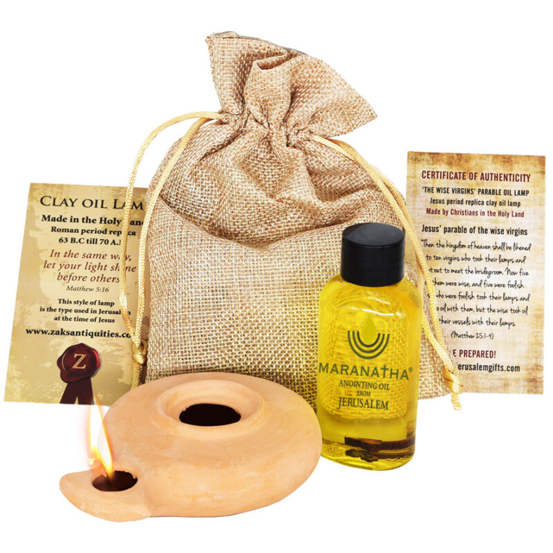 Wise Virgins Clay Oil Lamp - Second Temple Period Replica - Jerusalem Olive Oil and Canvas Gift Bag