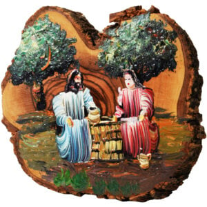 Woman at the Well - Oil Painting on Olive Wood Slice from Bethlehem