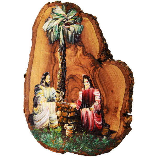 Jesus and Woman at the Well - Oil Painting on Olive Wood Slice
