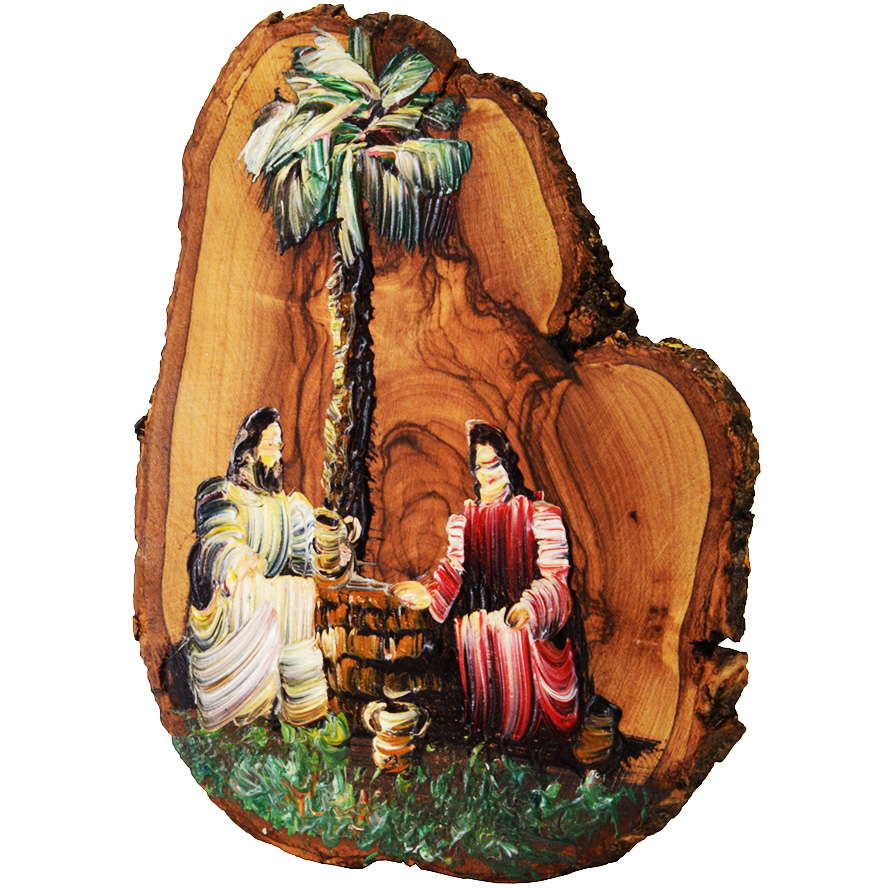 Jesus and Woman at the Well – Oil Painting on Olive Wood Slice