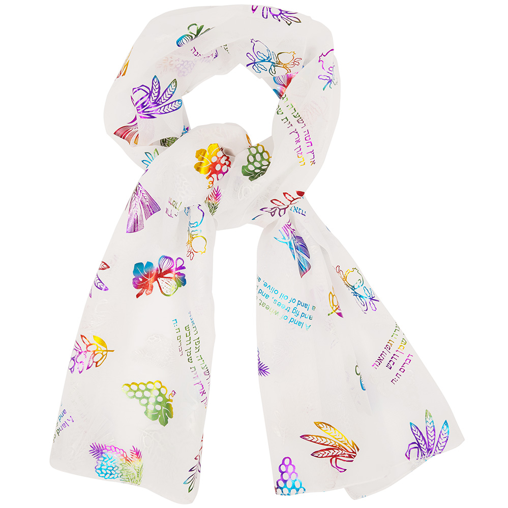 “Seven Species” Scripture Scarf for Women from Israel – White