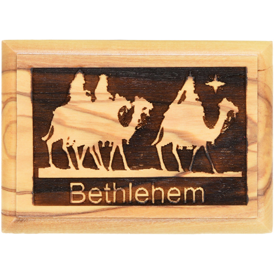 ‘Bethlehem’ 3 Wise Men on Camels Olive Wood Engraved Box – 2.8″ (view from above)