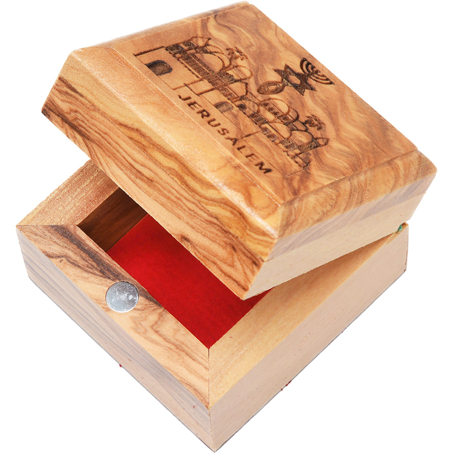 Messianic Jerusalem Old City – Olive Wood Box – Made in Israel 2″ (lid open)
