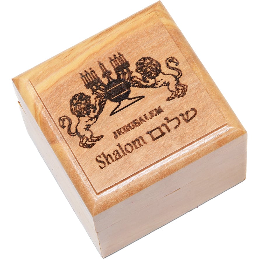 Lion of Judah - Shalom Jerusalem with Menorah Olive Wood Box 2"