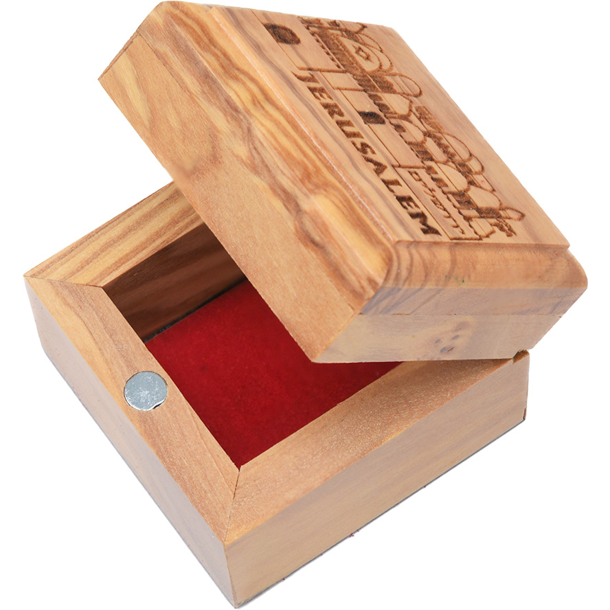 Jerusalem – Star of David – Menorah – Olive Wood Box – Made in Israel 2″ (lid opened)