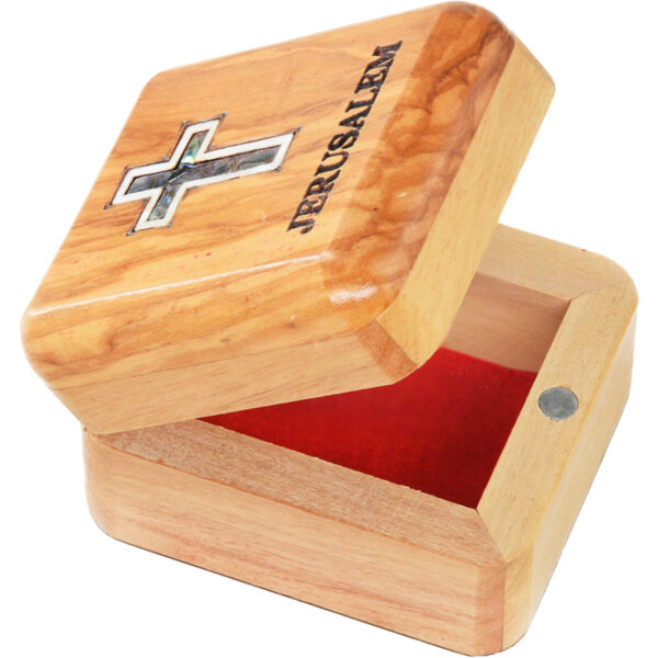 Engraved 'Jerusalem' Wooden Box with Mother of Pearl Cross - 3" x 2.5"