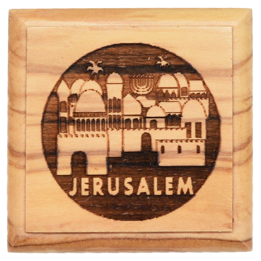 Jerusalem Old City Menorah – Olive Wood Box – Made in Israel 2″ (view from above)