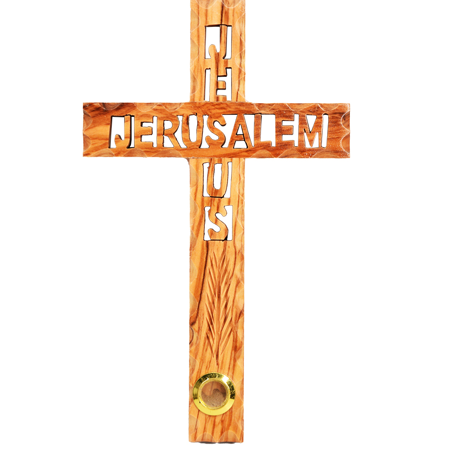 ‘Jesus – Jerusalem’ Carved Olive Wood Wall Cross with Incense – 8″ (front view)