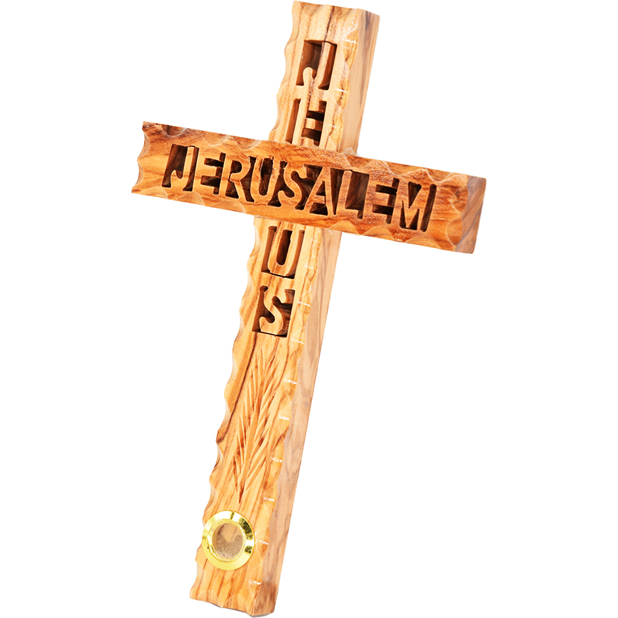 ‘Jesus – Jerusalem’ Carved Wooden Wall Cross with Incense – 8″