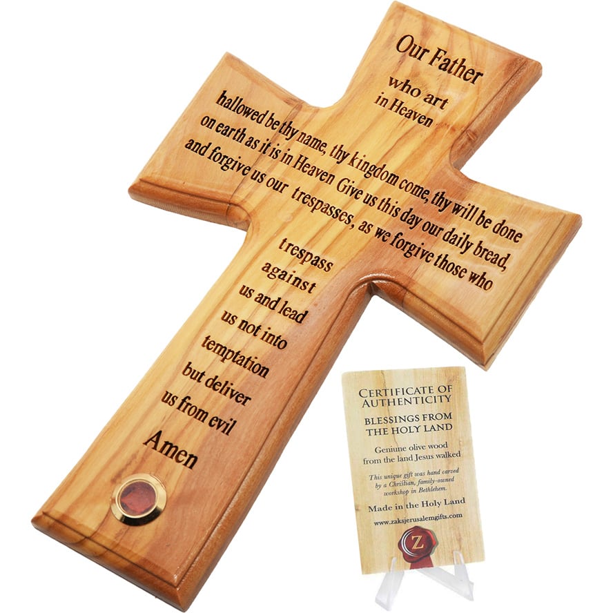 ‘The Lord’s Prayer’ Cross – Olive Wood with Jerusalem Incense (certificate of authenticity)