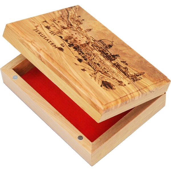 Jerusalem Kotel - Dome of the Rock Engraved Olive Wood Box - Made in Israel - 7" (lid open)