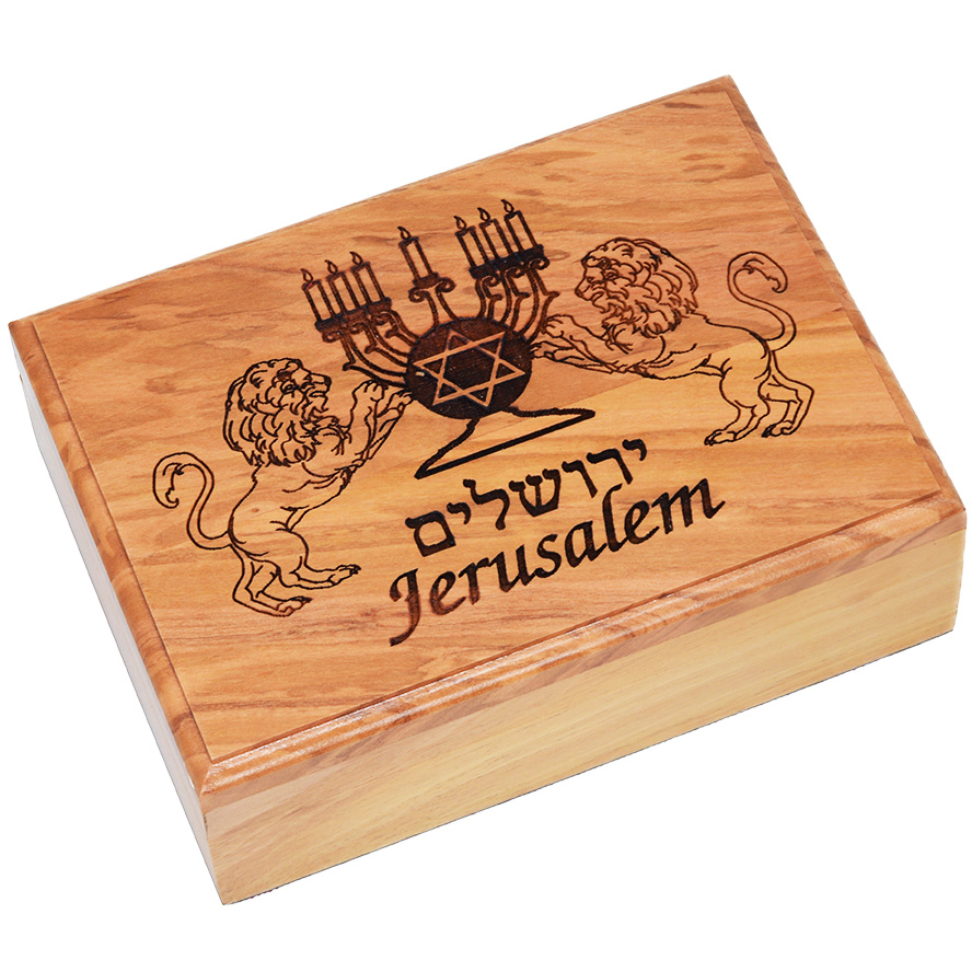 Lion of Judah - Jerusalem with Menorah Engraved Olive Wood Box - 7"